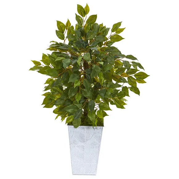 17" Mini Ficus Artificial Tree in Embossed White Planter