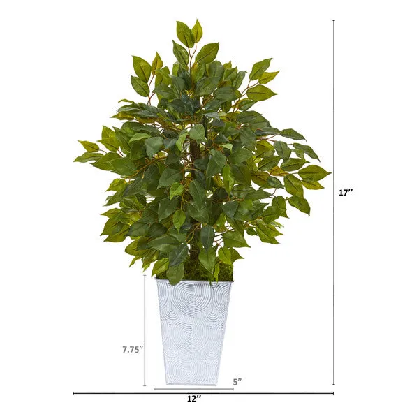 17" Mini Ficus Artificial Tree in Embossed White Planter