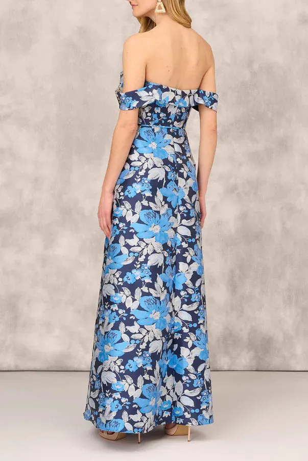 Aidan Mattox off shoulder sweetheart neck and draped off the shoulder zipper closure floral jacquard ball gown