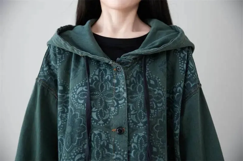 Autumn Hooded Denim Jacket - Dark Green Retro Style