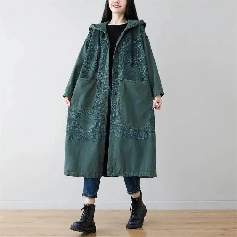 Autumn Hooded Denim Jacket - Dark Green Retro Style