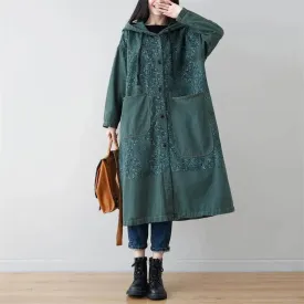 Autumn Hooded Denim Jacket - Dark Green Retro Style