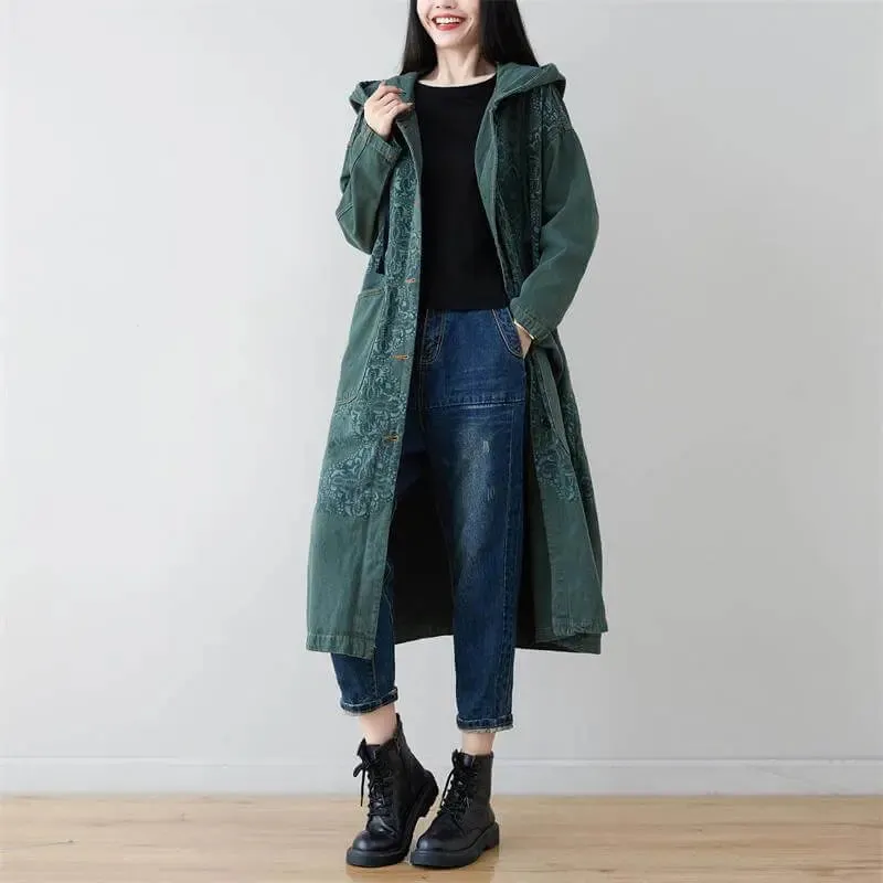 Autumn Hooded Denim Jacket - Dark Green Retro Style