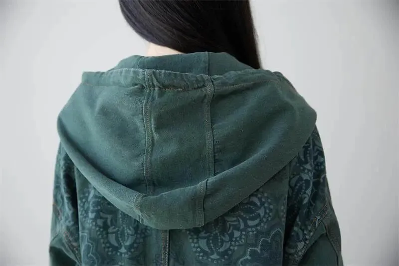 Autumn Hooded Denim Jacket - Dark Green Retro Style