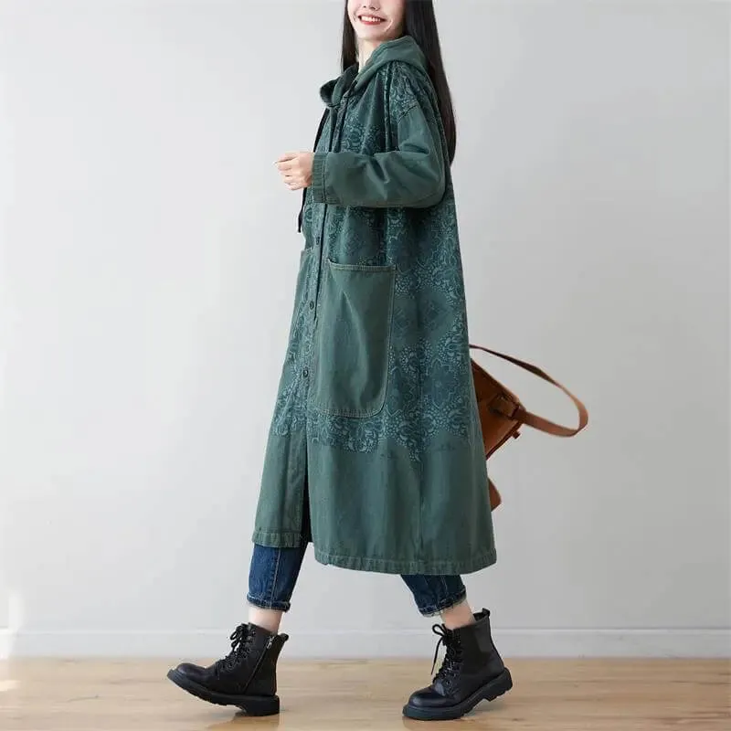 Autumn Hooded Denim Jacket - Dark Green Retro Style