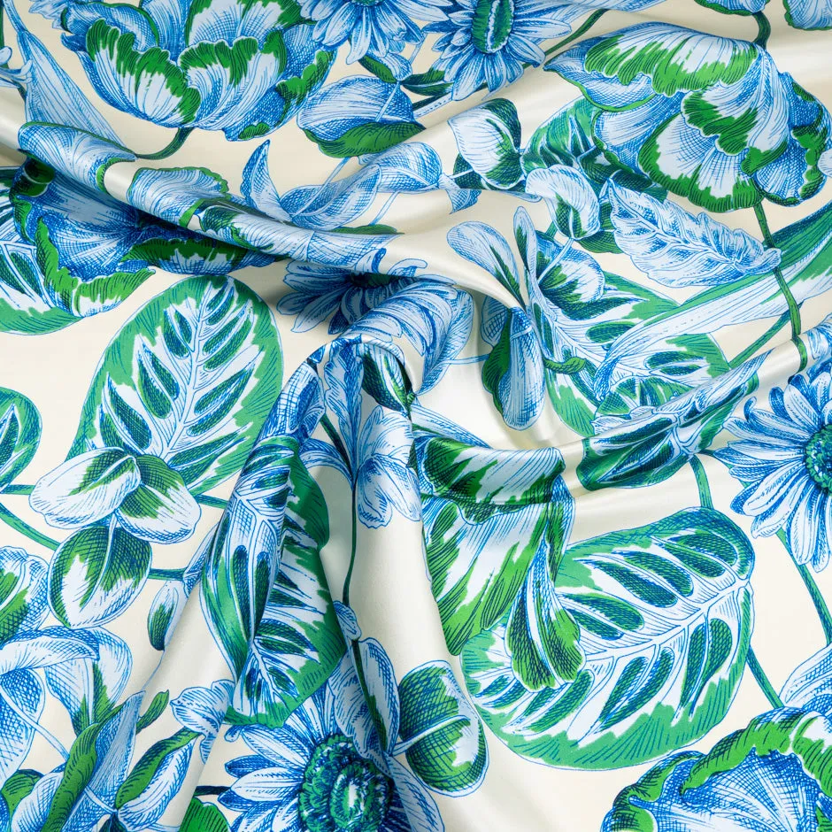 Blue & Green Floral Printed Soft Finish Duchess Satin