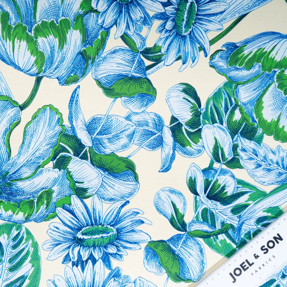 Blue & Green Floral Printed Soft Finish Duchess Satin