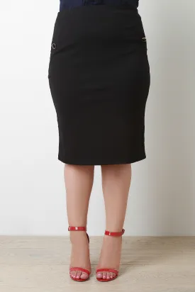 Button Faux Pocket Midi Pencil Skirt