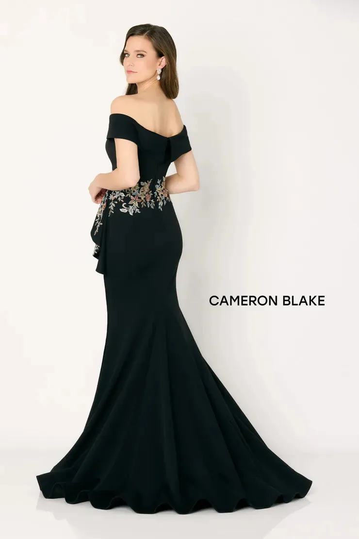 Cameron Blake CB779 Off The Shoulder Floral Peplum Gown | BLACK