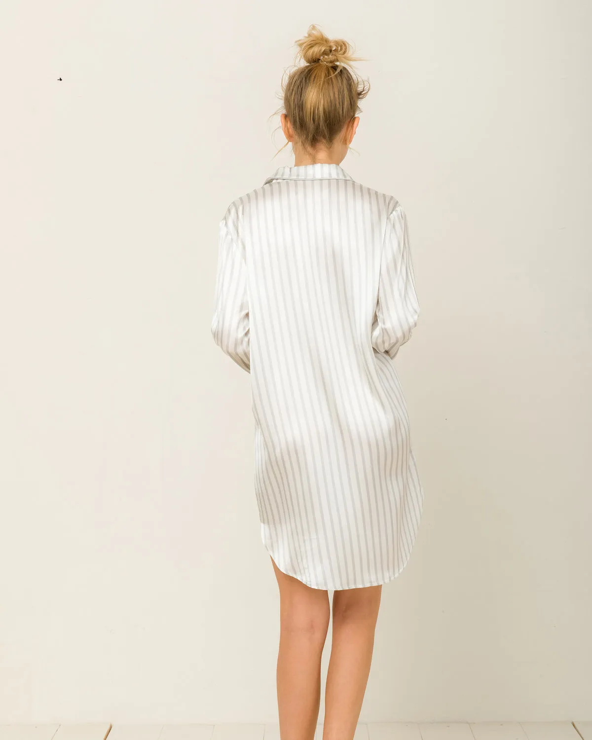 Camilla Silk Nightshirt in Hiatu Grey Stripes