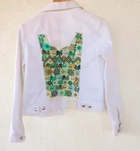 Classic White Denim Jacket with Vintage Guatemalan Textile