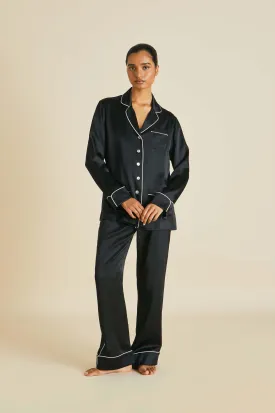 Coco Jet Black Pyjamas in Silk Satin