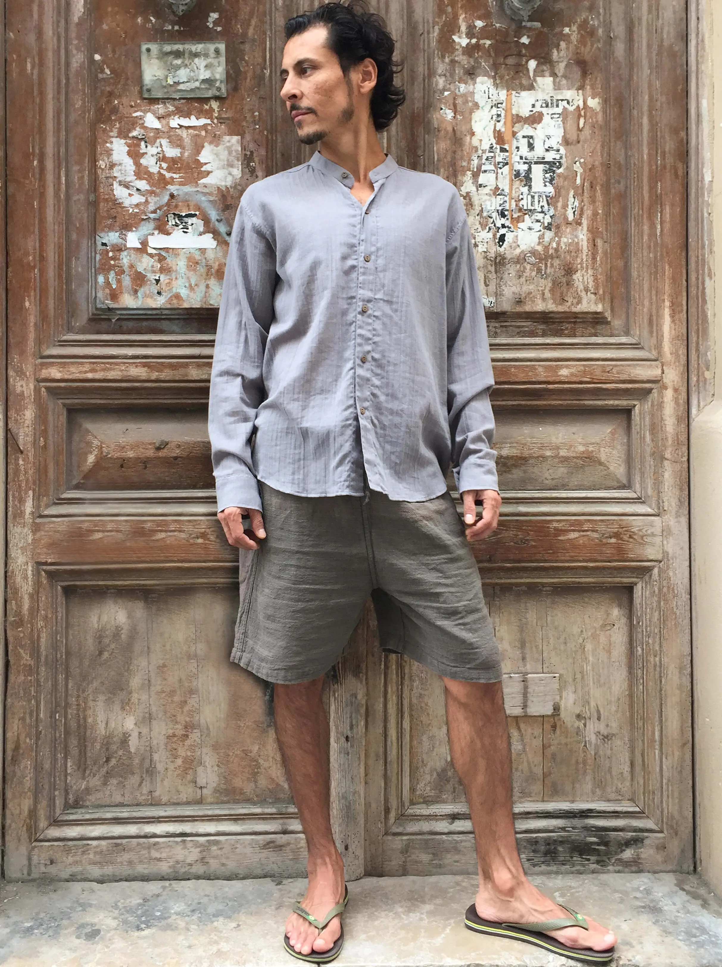 Coconut Button Light Cotton Shirt in Stone Grey