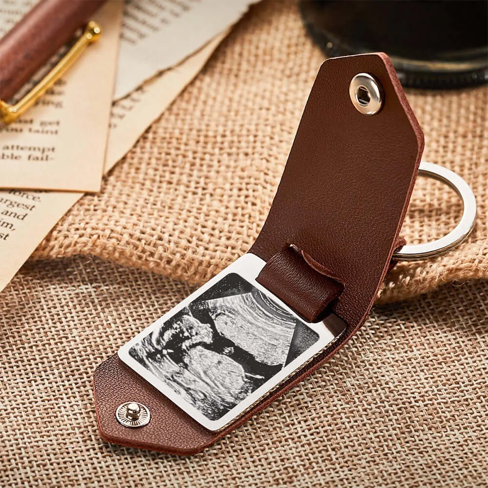 Custom Photo New Dad Sonogram Leather Keychain