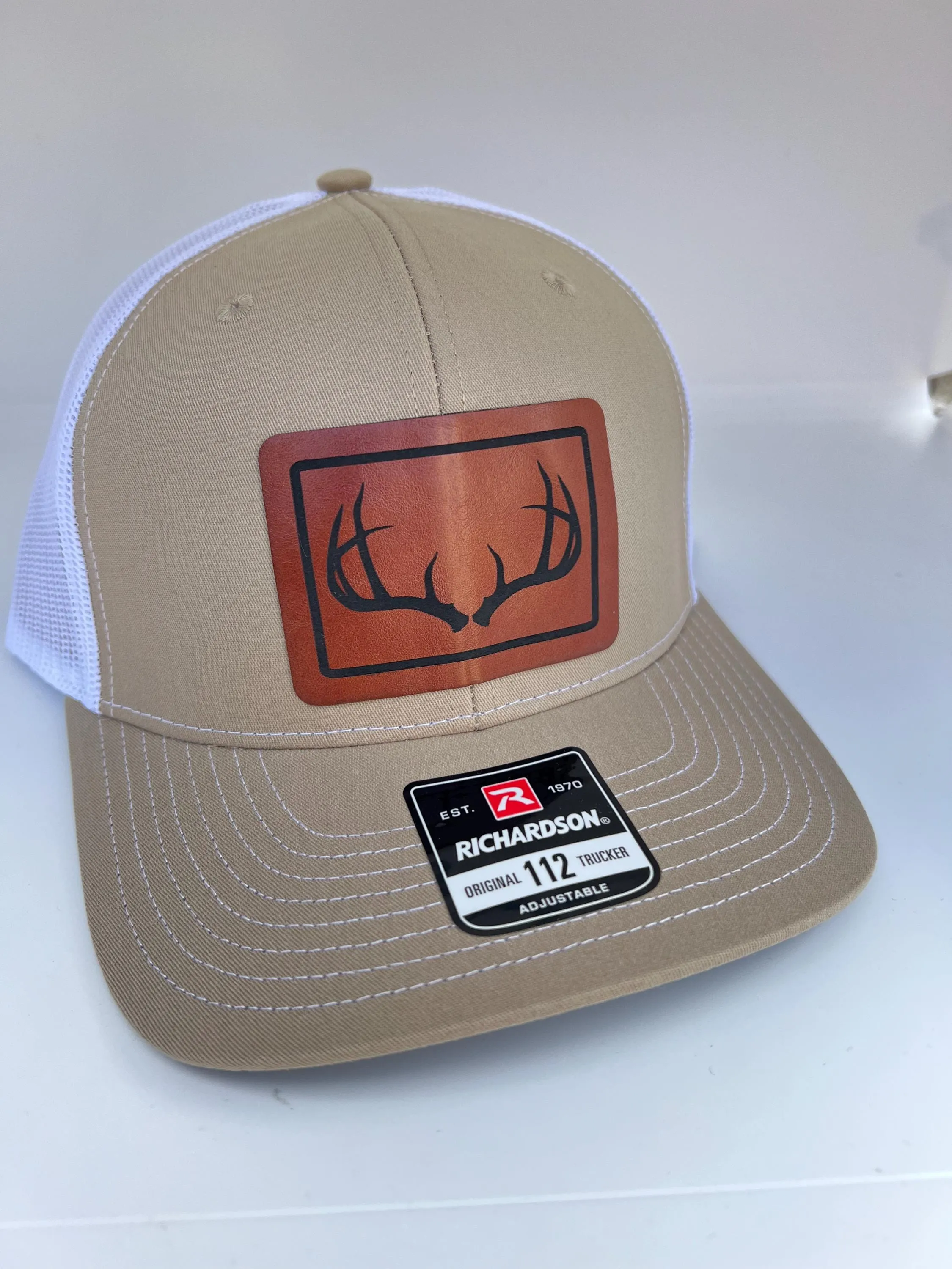 Deer Antler hat | Gift for Hunters on bottomland camo | Deer Antlers | Richardson 112 Leather Patch Trucker | Perfect Outdoorsman Gift Idea