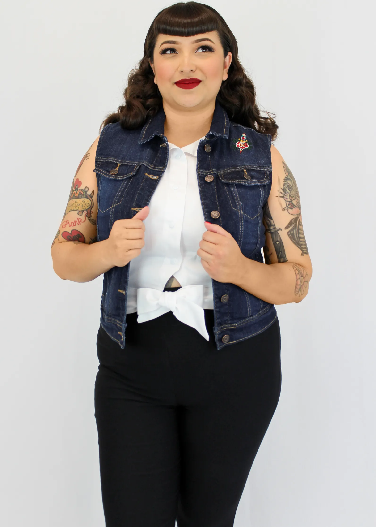 Embroidered Dagger and Rose Denim Vest