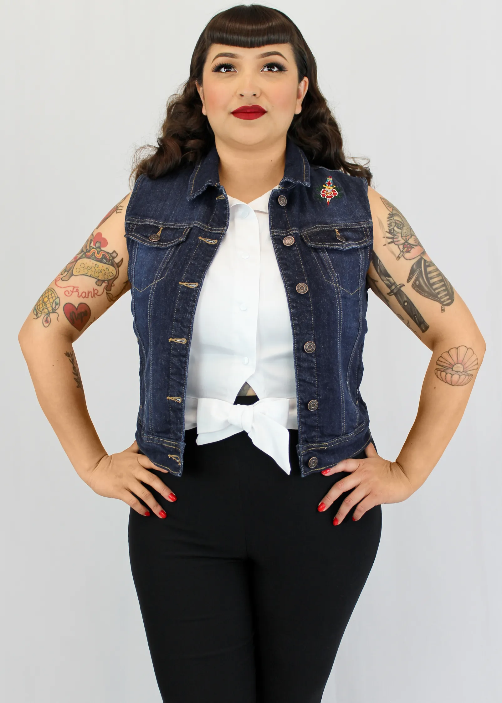 Embroidered Dagger and Rose Denim Vest