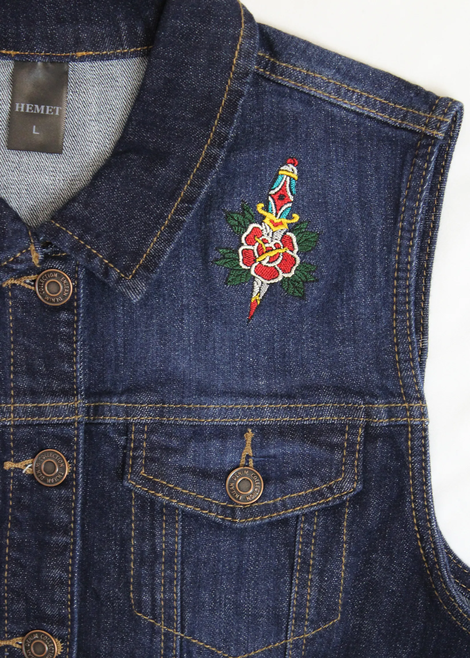 Embroidered Dagger and Rose Denim Vest