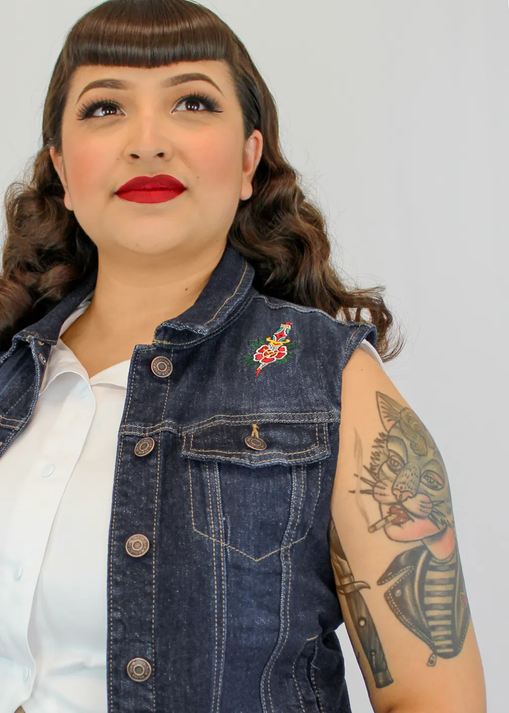 Embroidered Dagger and Rose Denim Vest