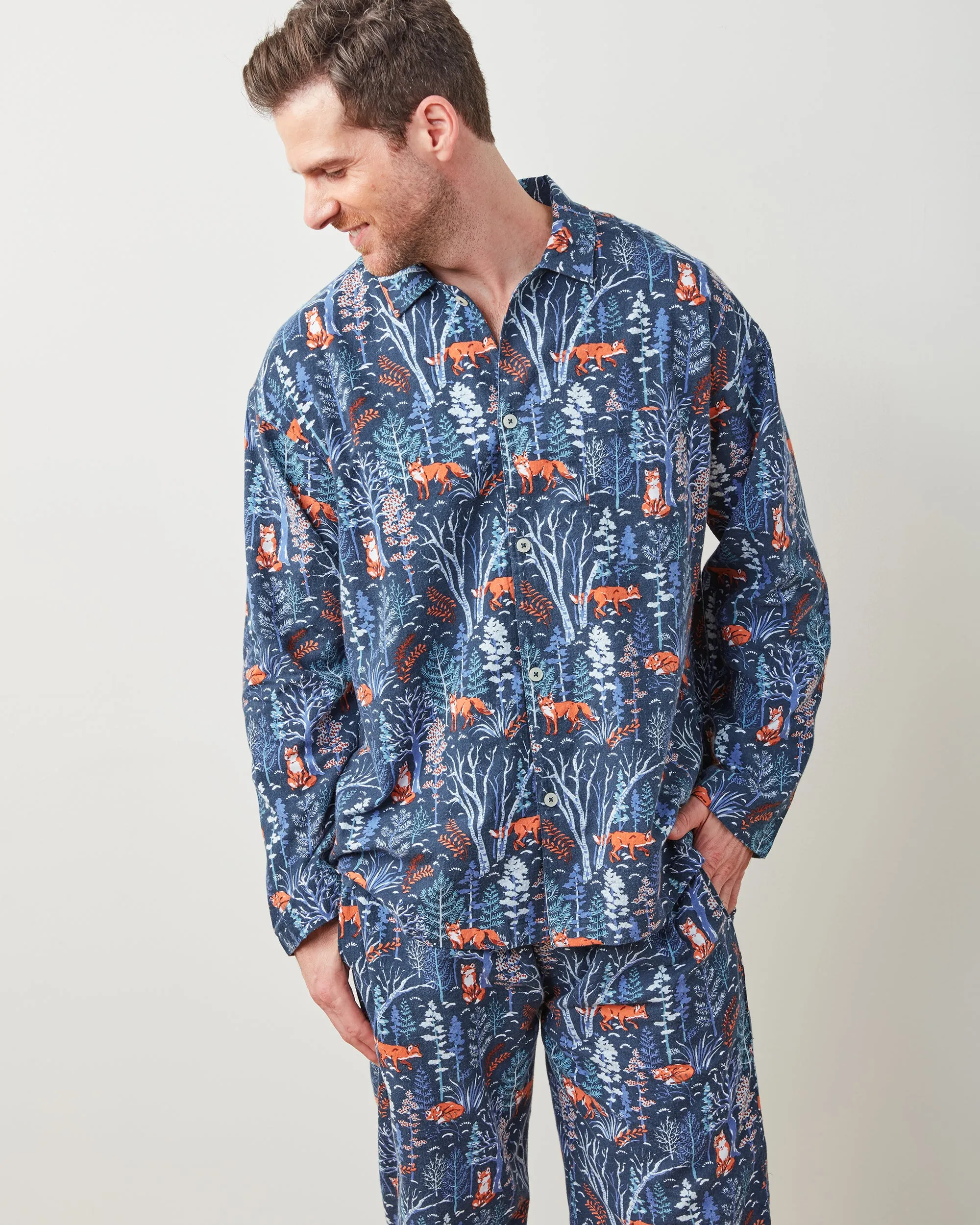 Fox & Folklore - Men's Lightweight Flannel Long PJ Set - Indigo