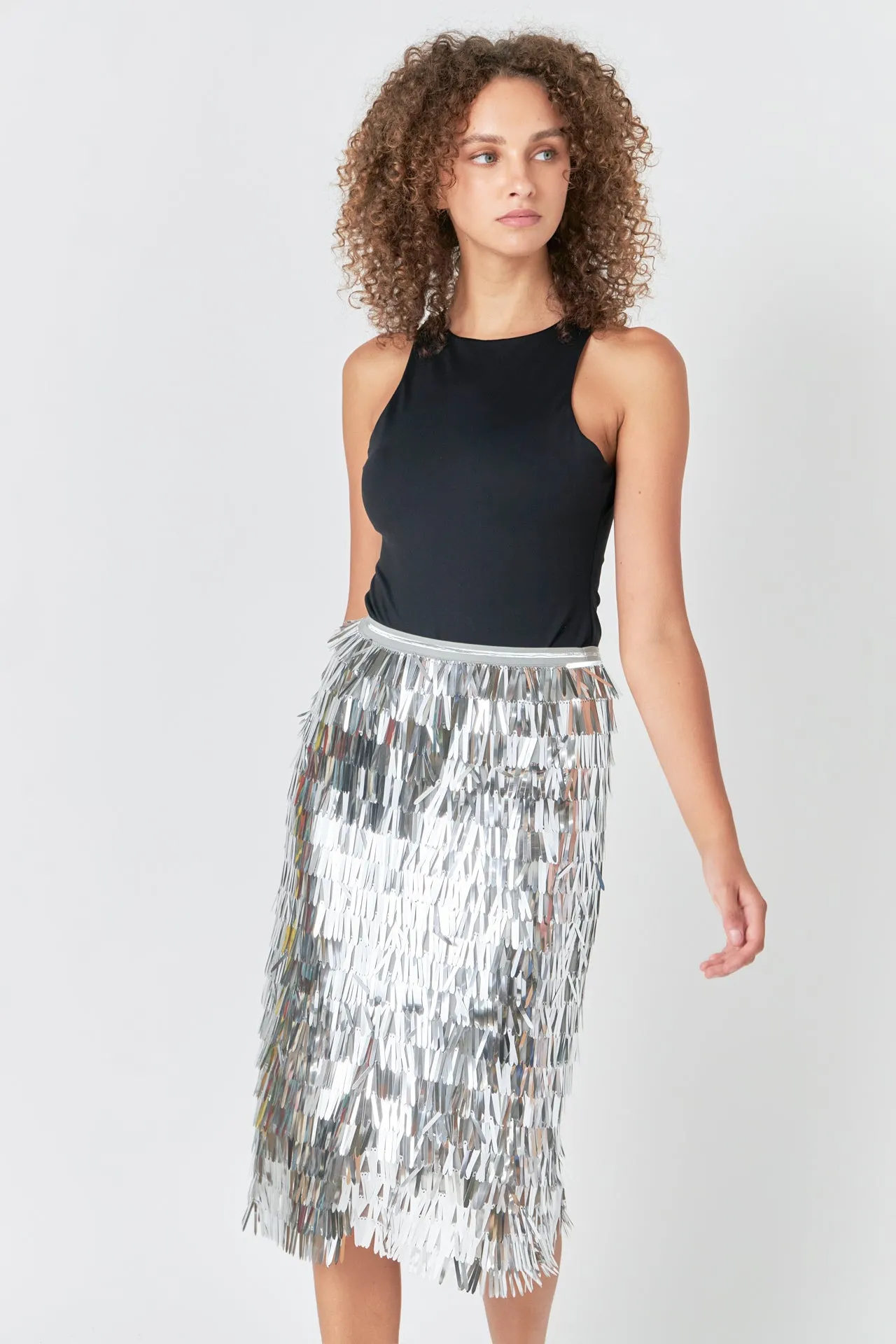 Fringed Metallic Midi Skirt
