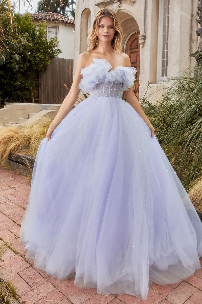 GATHERED TULLE PEARL BALL GOWN CDA1199