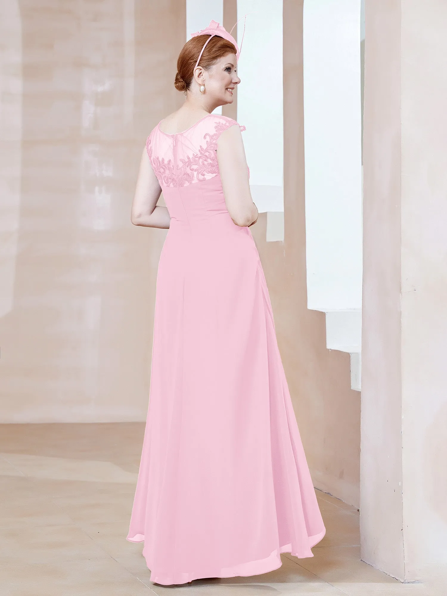 Illusion Lace Neckline Asymmetrical A-Line Dress Candy Pink