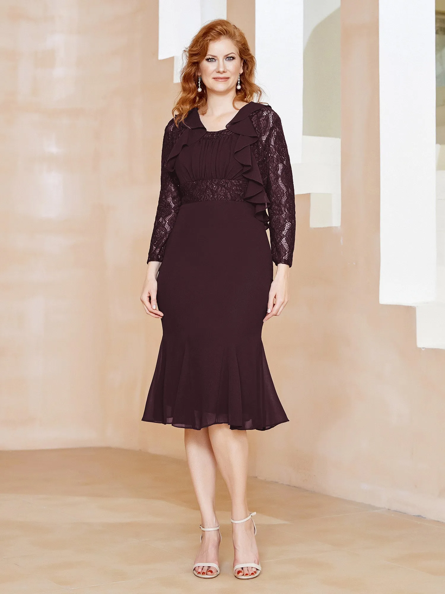 Lace Ruffles Tea-length Dress with Sequins Cabernet