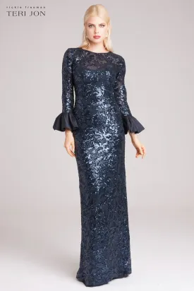 Long Bell Sleeve Sequin Sheath Gown