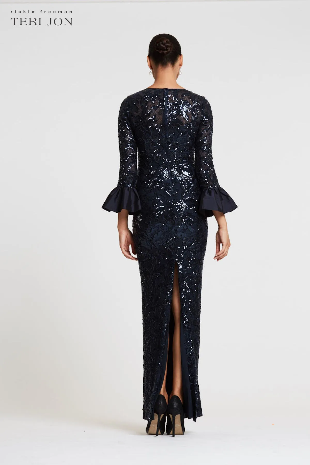 Long Bell Sleeve Sequin Sheath Gown