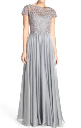 MACloth Cap Sleeves Lace Chiffon Long Evening Gown Silver Mother of the Brides Dress