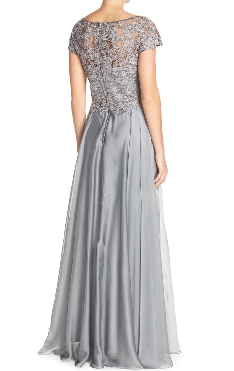 MACloth Cap Sleeves Lace Chiffon Long Evening Gown Silver Mother of the Brides Dress