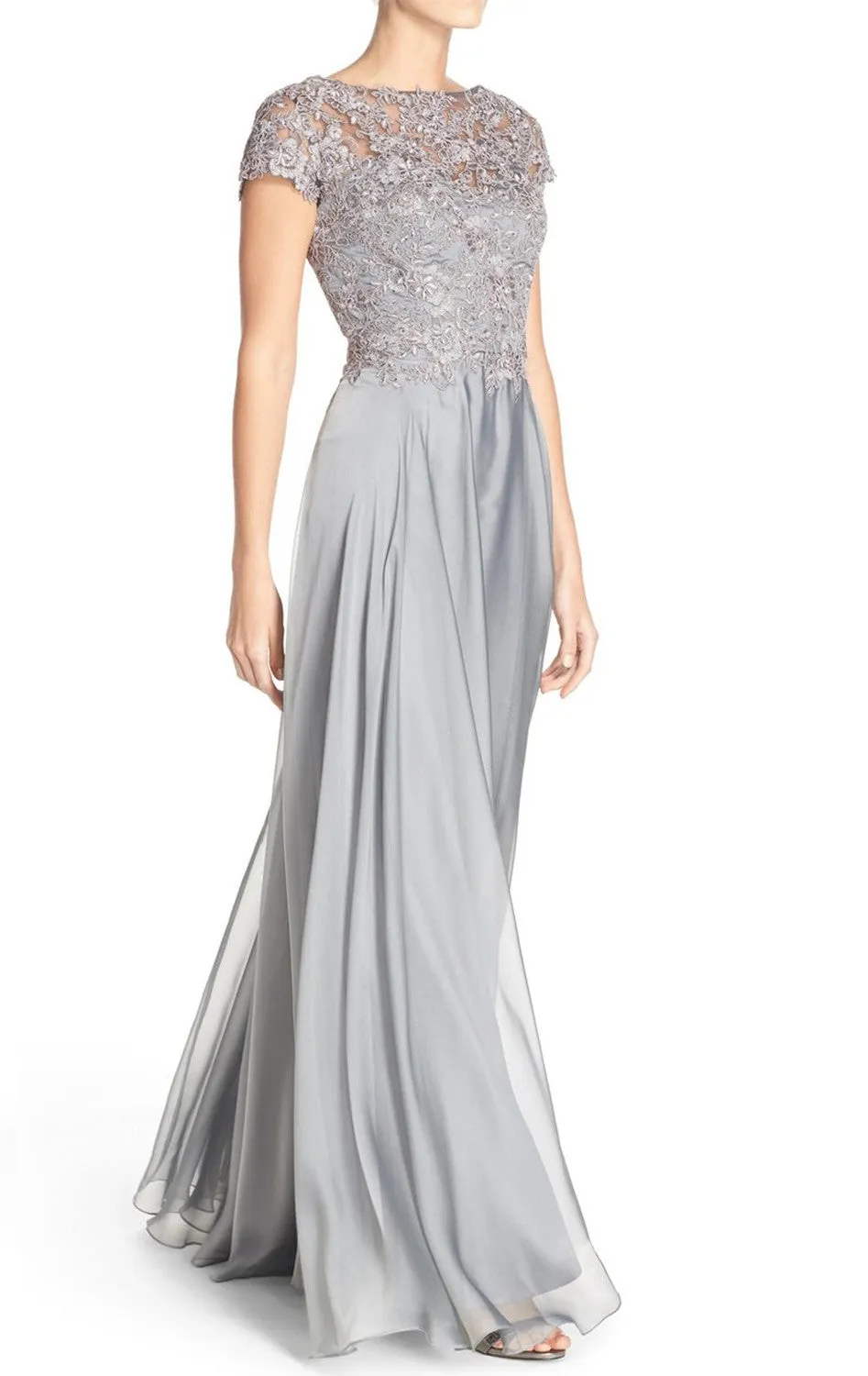 MACloth Cap Sleeves Lace Chiffon Long Evening Gown Silver Mother of the Brides Dress