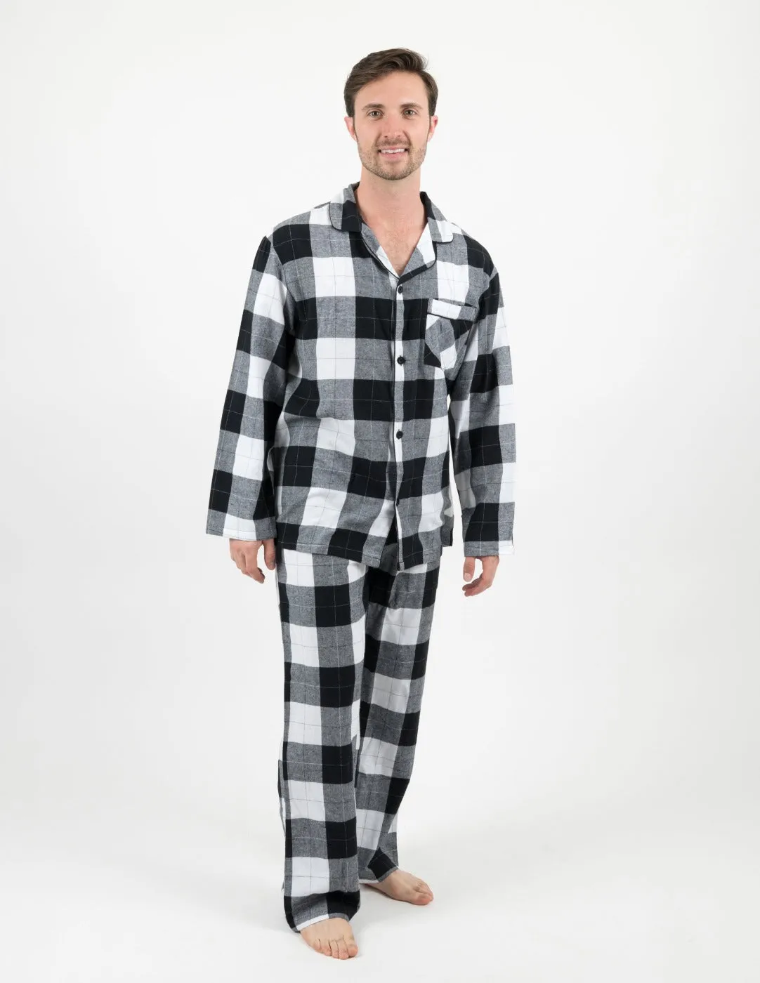 Mens Black & White Plaid Flannel Pajamas