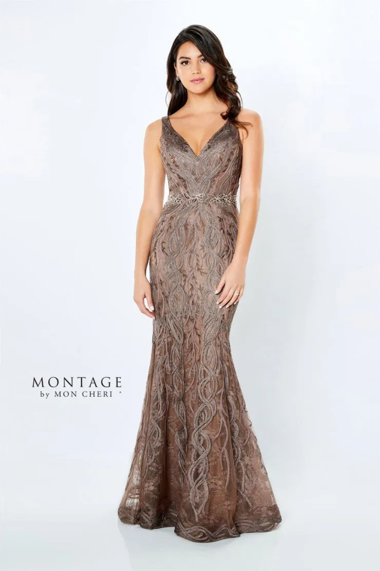 Montage 120921 V-Neck Metallic Ribbon Gown