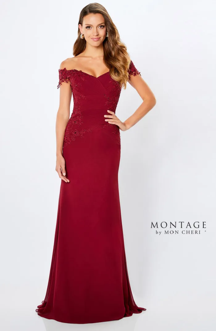 Montage 221964 Rouched Chiffon Off The Shoulder Gown With Lace Applique