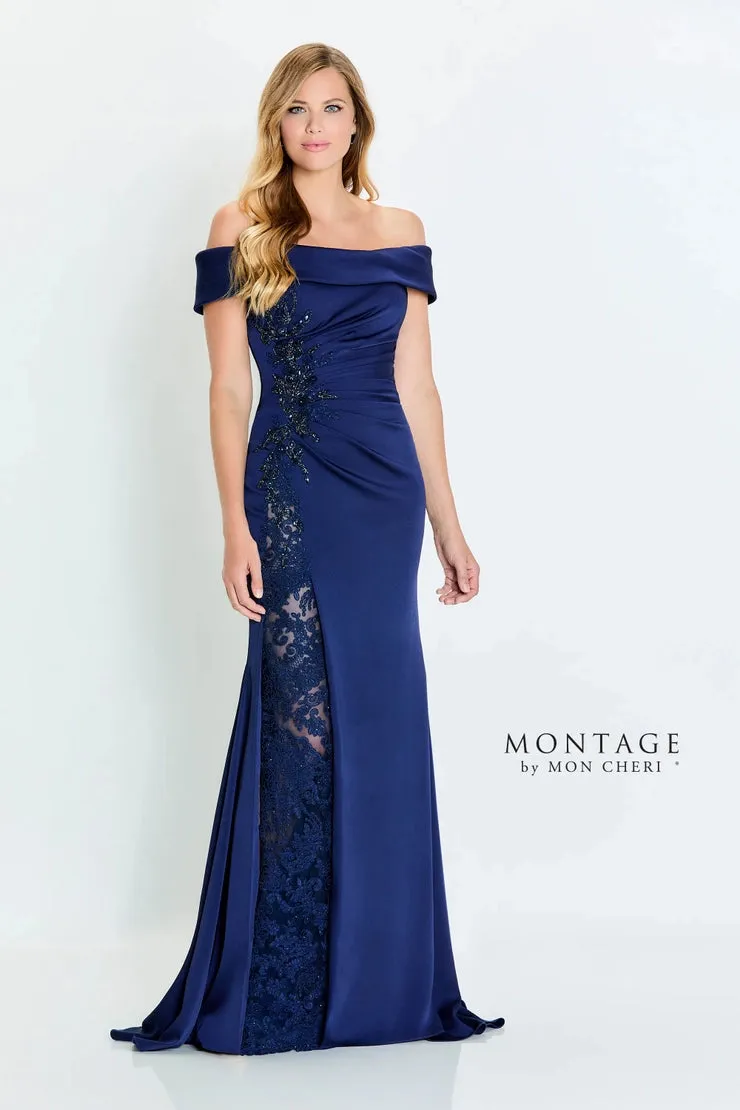 Montage M535 Off Shoulder Side Beaded Gown | Sage