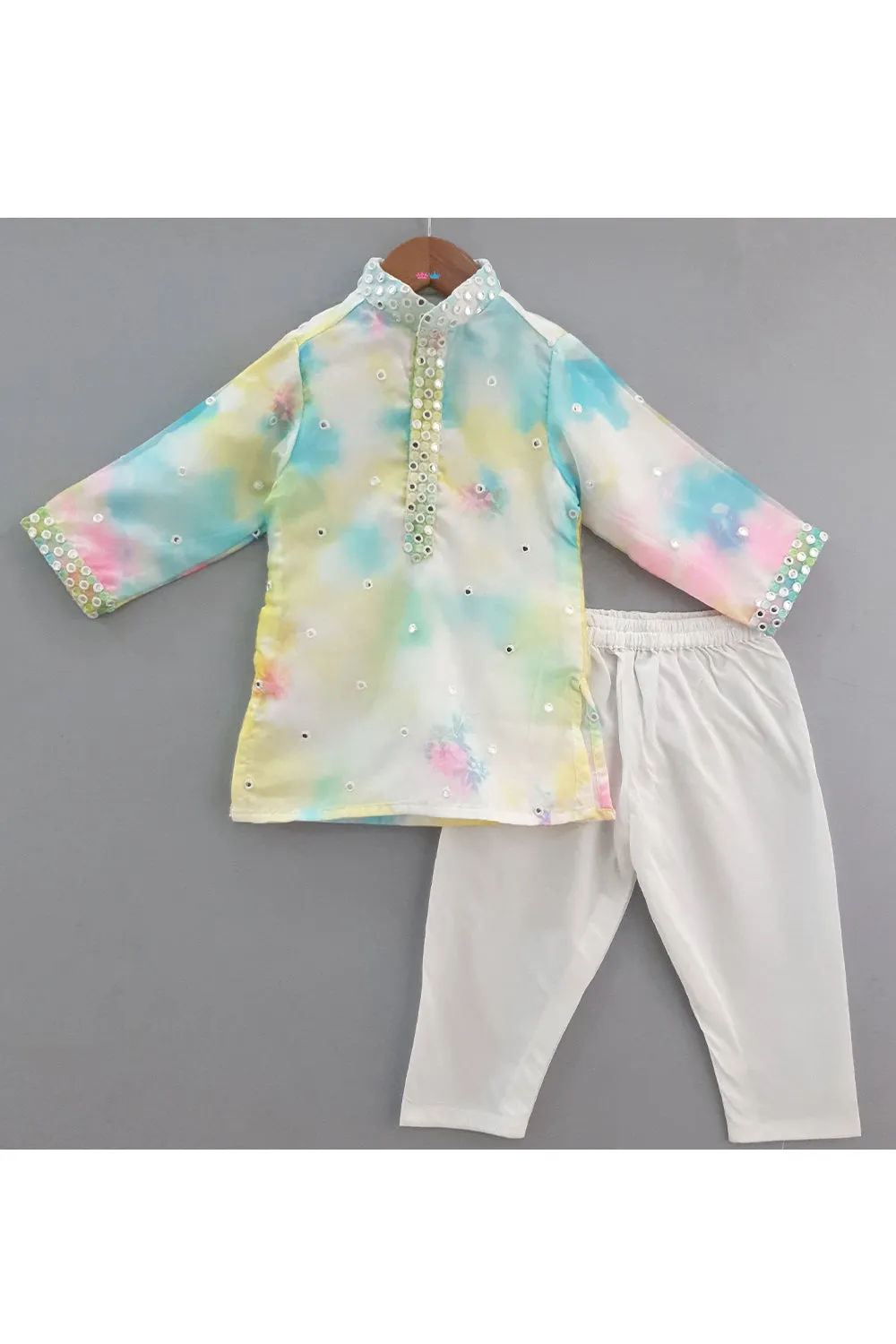 Multicolor Tie And Dye Faux Mirror Embroidered Organza Kurta With Pyjama Set