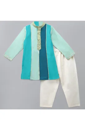 Multigreen Shaded Cotton Silk Kurta With Off White Pyjama