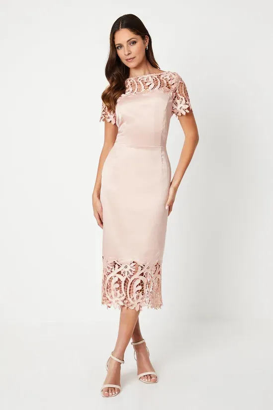 Satin And Lace Pencil Dress Two Piece Short Sleeves Sheath Mother of the Bride Dresse