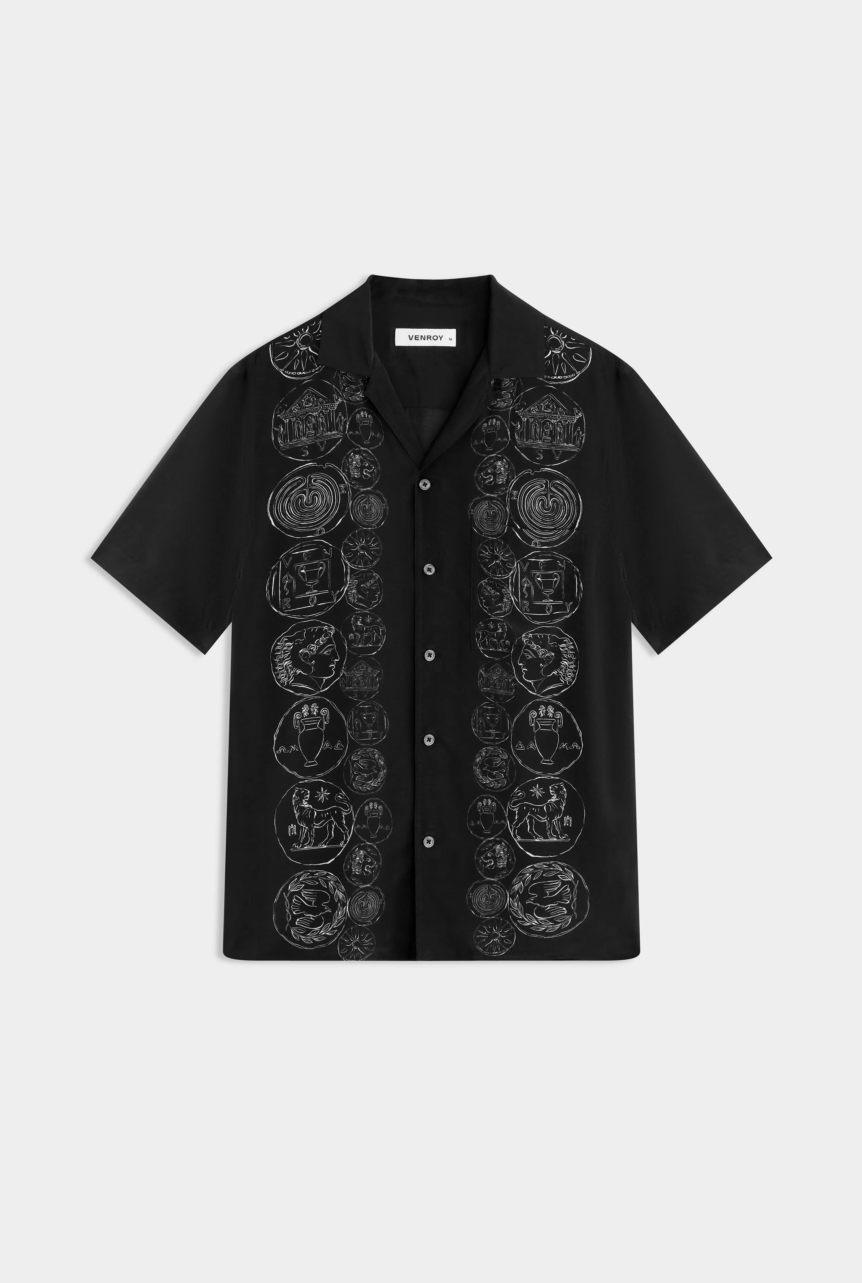 Short Sleeve Silk Camp Collar - Black Grecian Coins