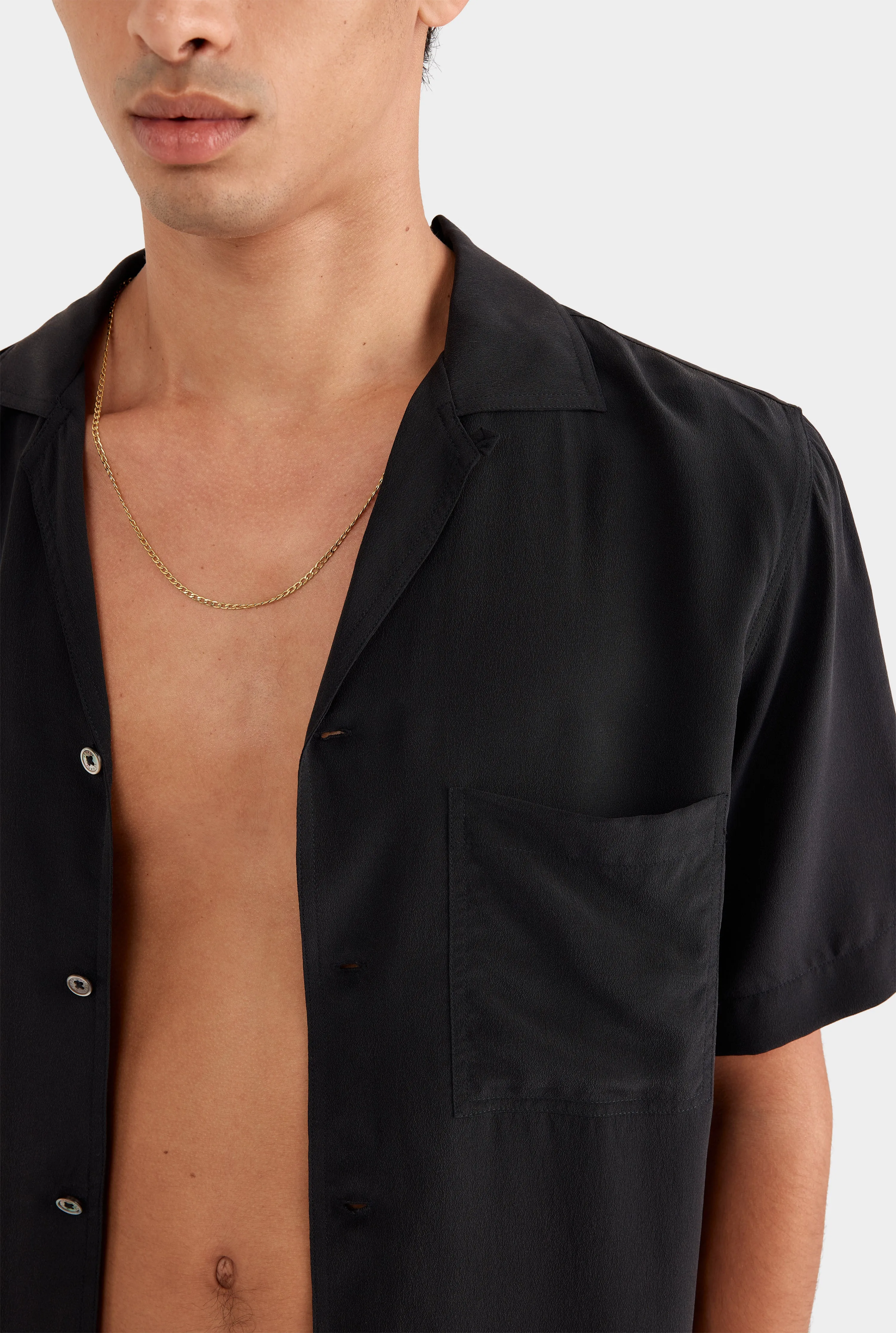 Short Sleeve Silk Camp Collar Shirt - Black