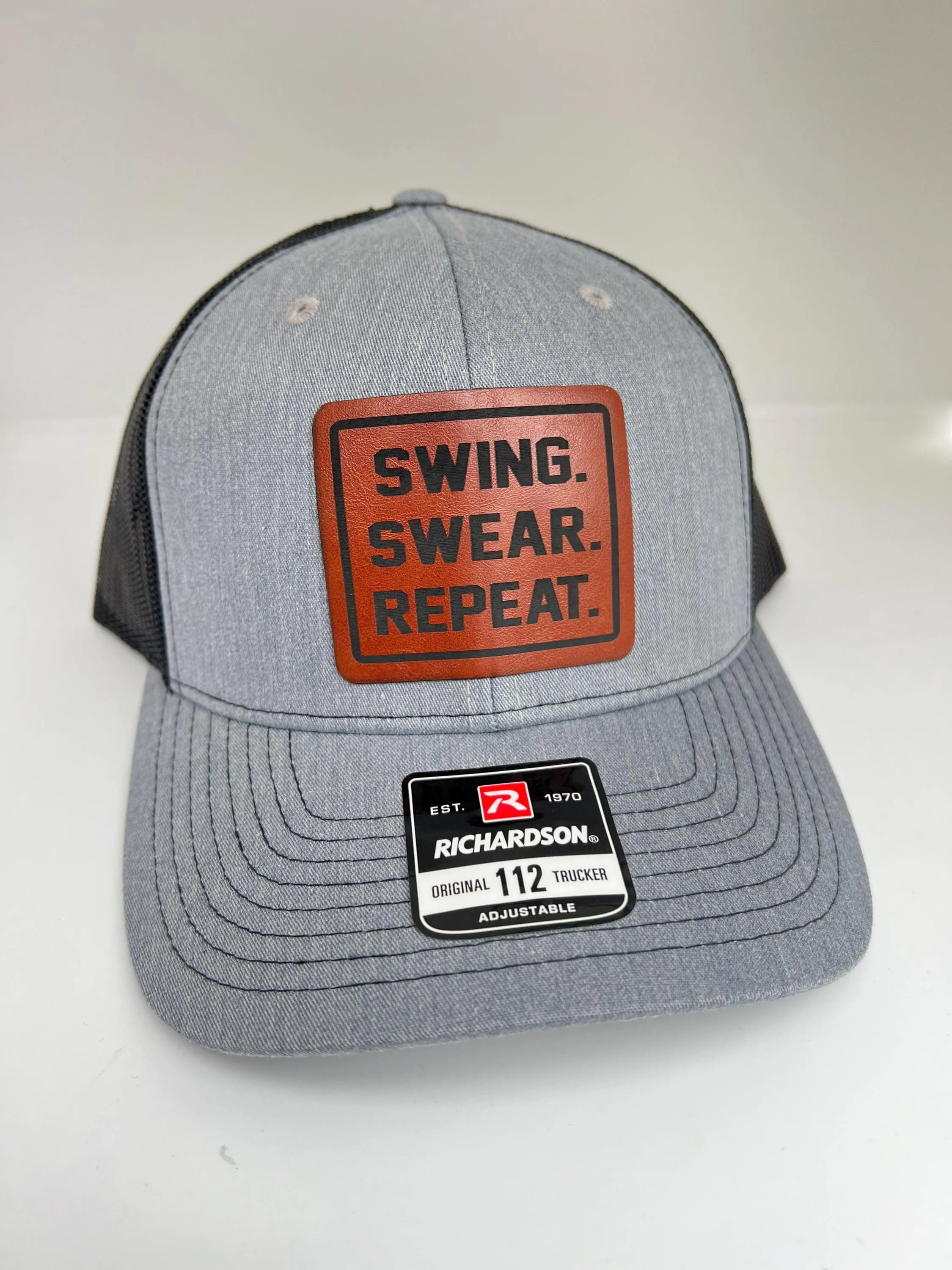 Swing. Swear. Repeat. | Golf Hat | Richardson 112 Leather Patch Hat for  Golfers | Unique Christmas Gift Idea for Golfers