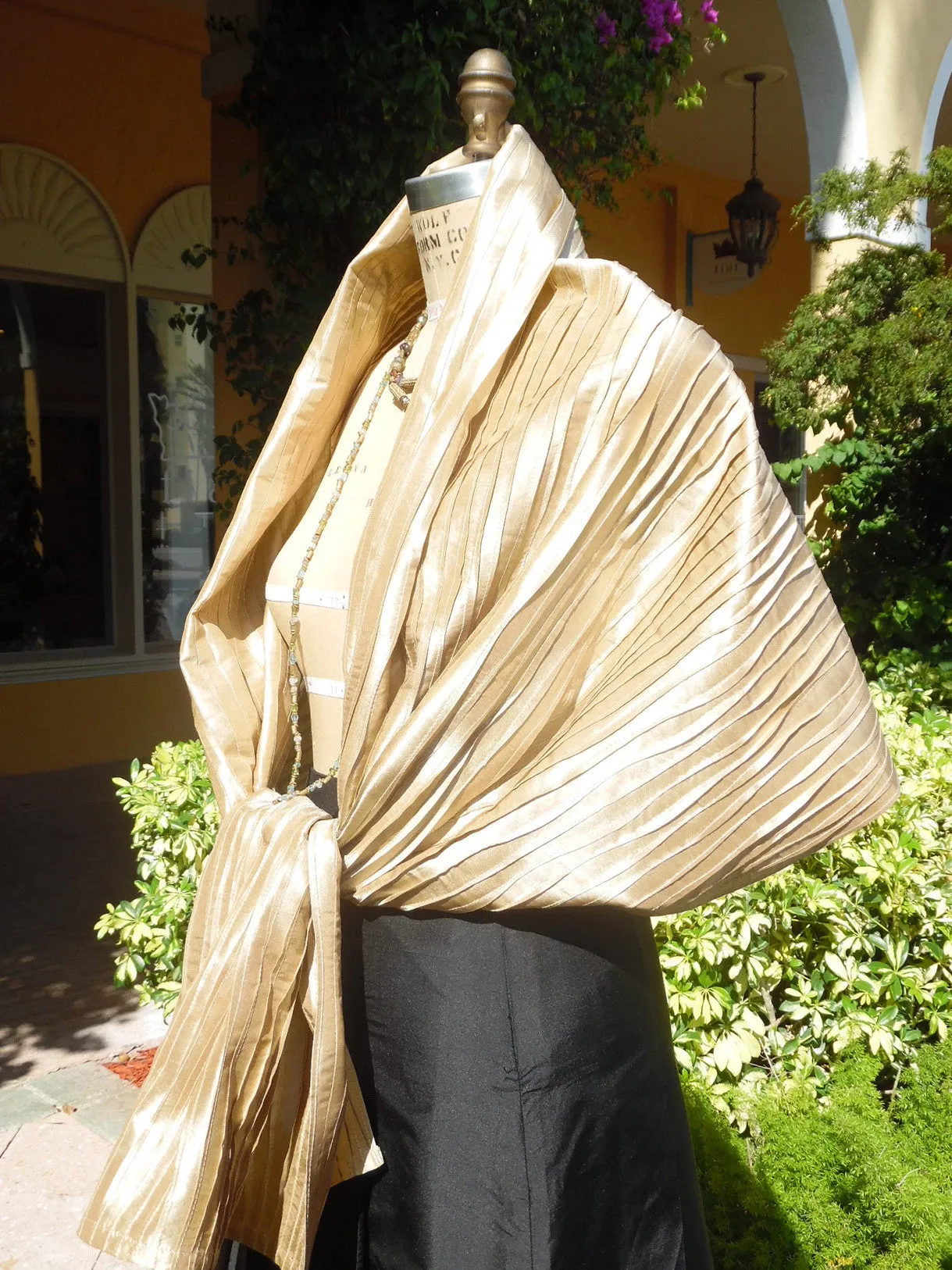 Thai Silk Pintuck Pleated Shawl Champagne