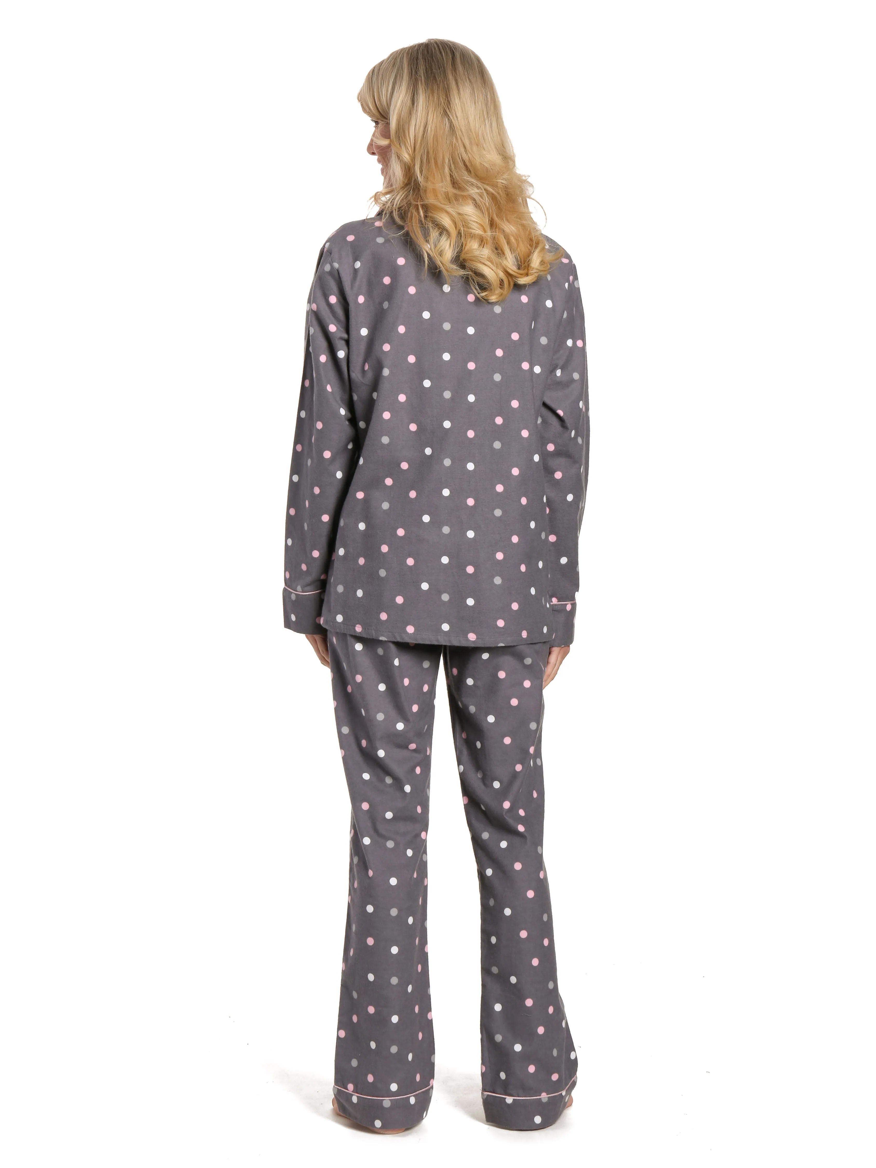 Women's 100% Cotton Flannel Pajama Sleepwear Set - Polka Medley Gray-Pink