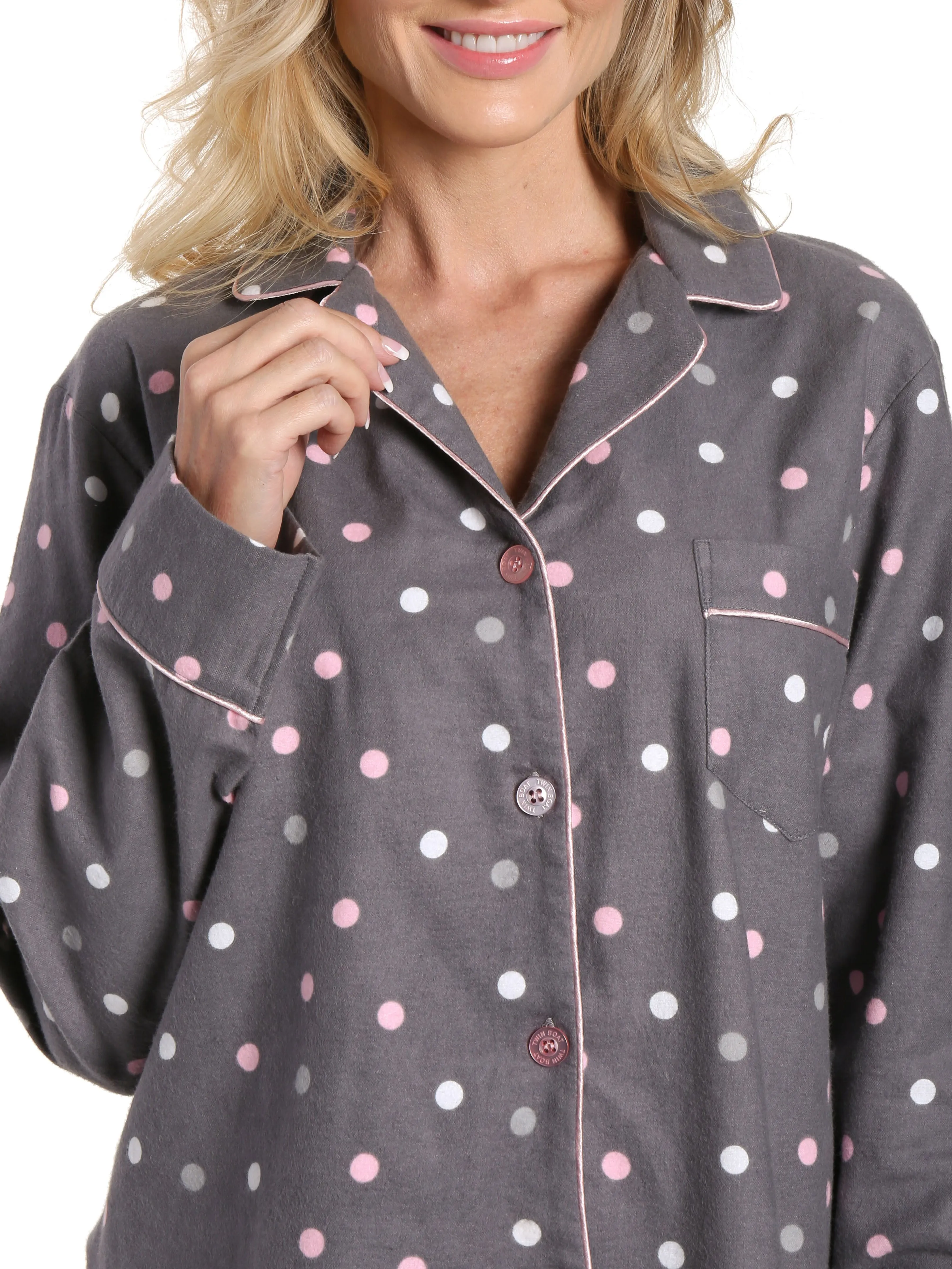 Women's 100% Cotton Flannel Pajama Sleepwear Set - Polka Medley Gray-Pink