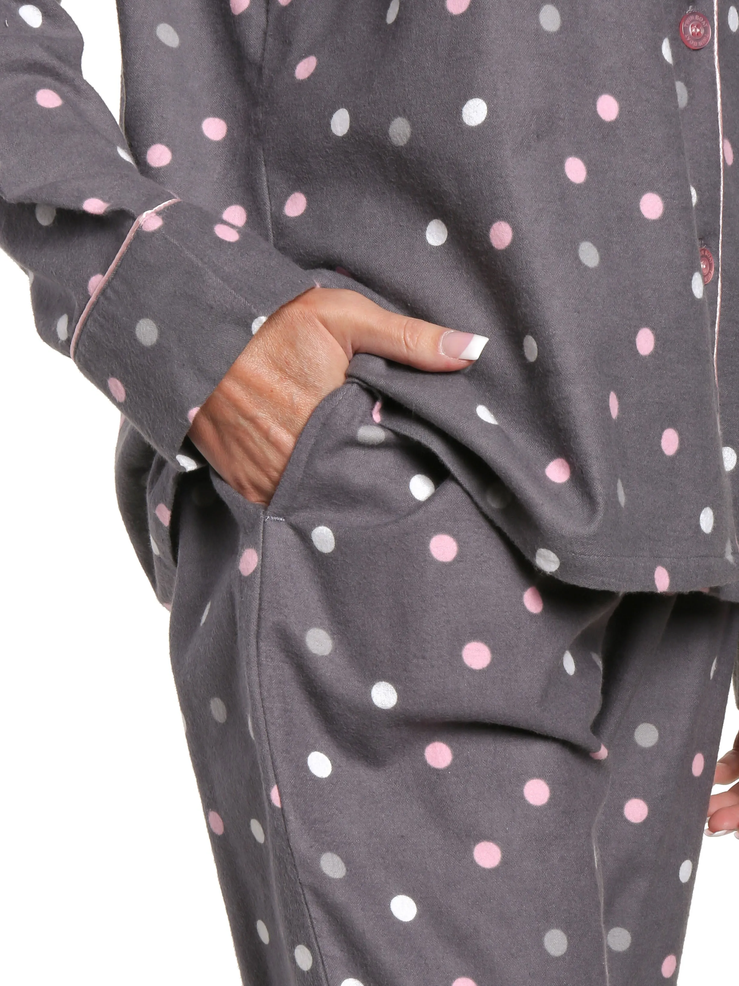 Women's 100% Cotton Flannel Pajama Sleepwear Set - Polka Medley Gray-Pink