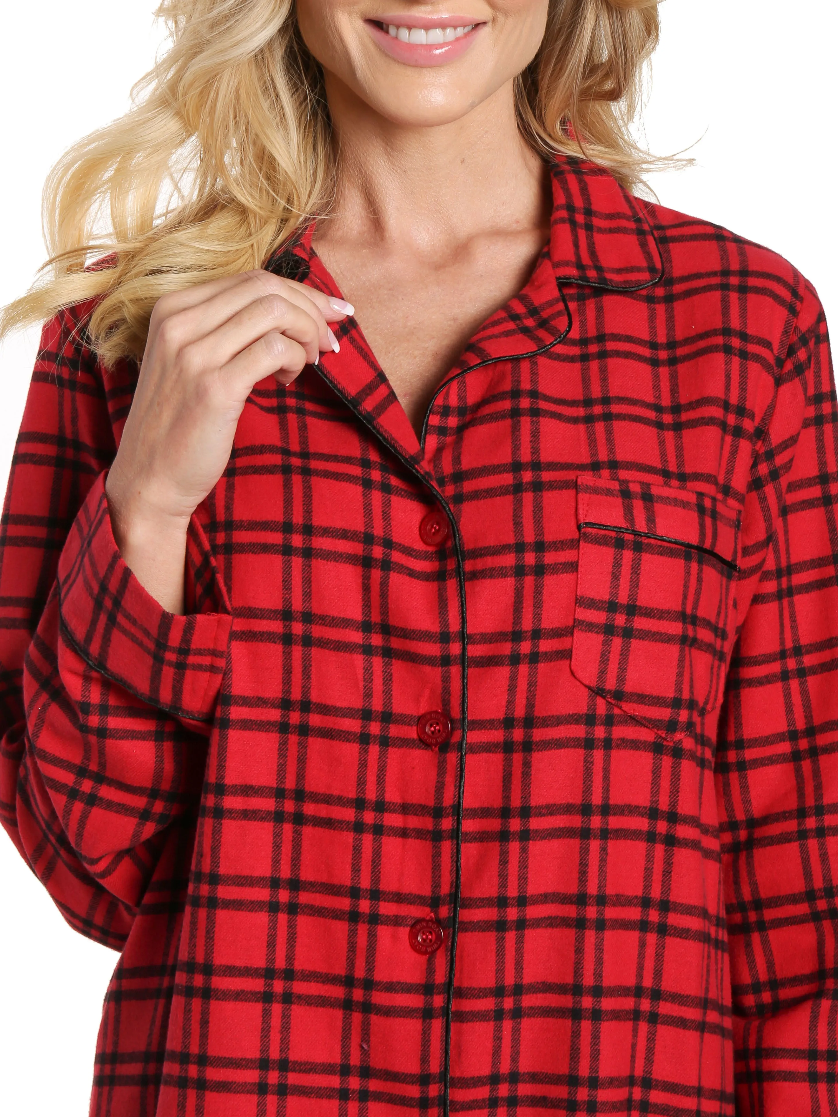 Womens 100% Cotton Lightweight Flannel Pajama Sleepwear Set - Checks Red-Black