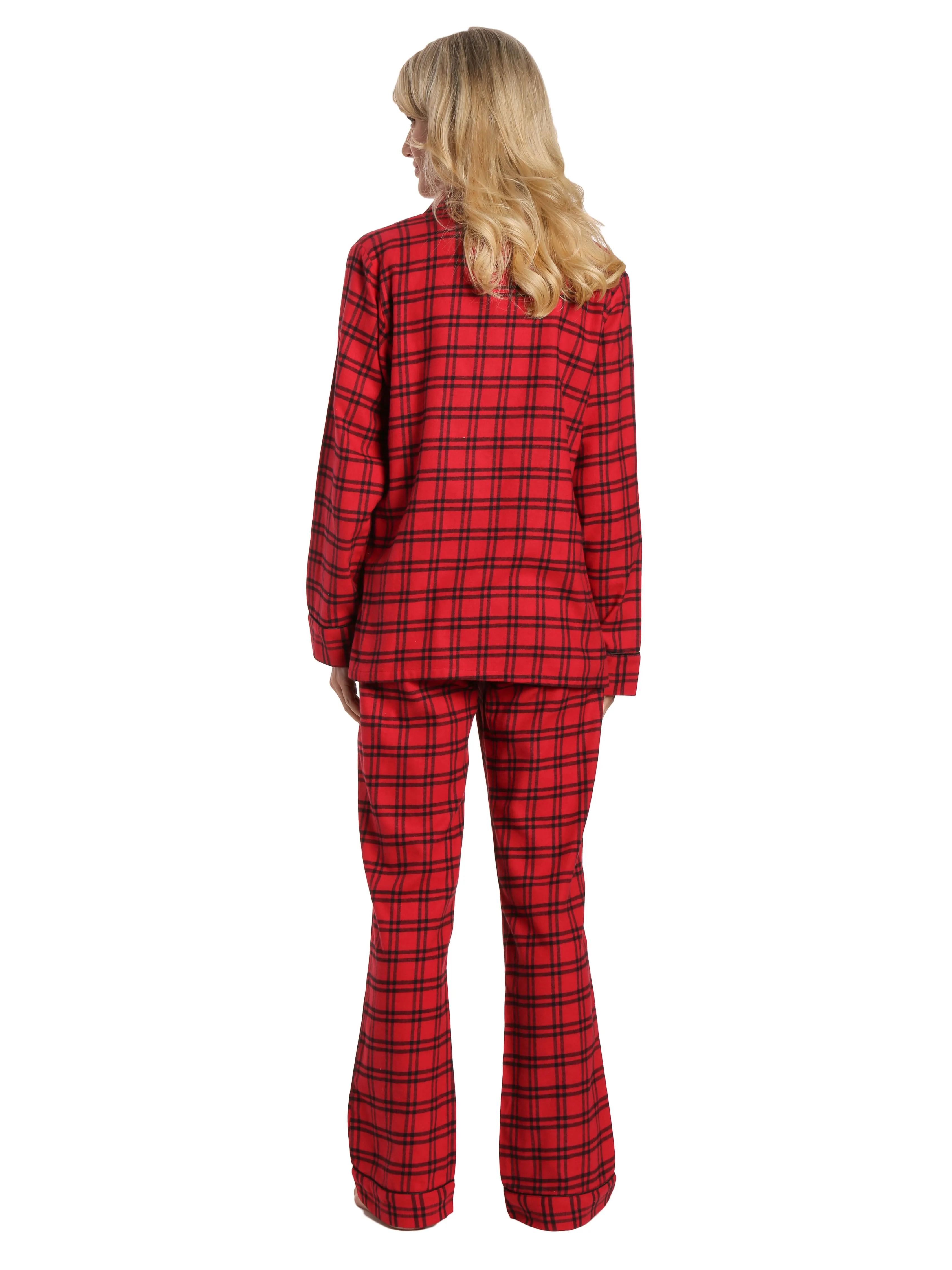 Womens 100% Cotton Lightweight Flannel Pajama Sleepwear Set - Checks Red-Black