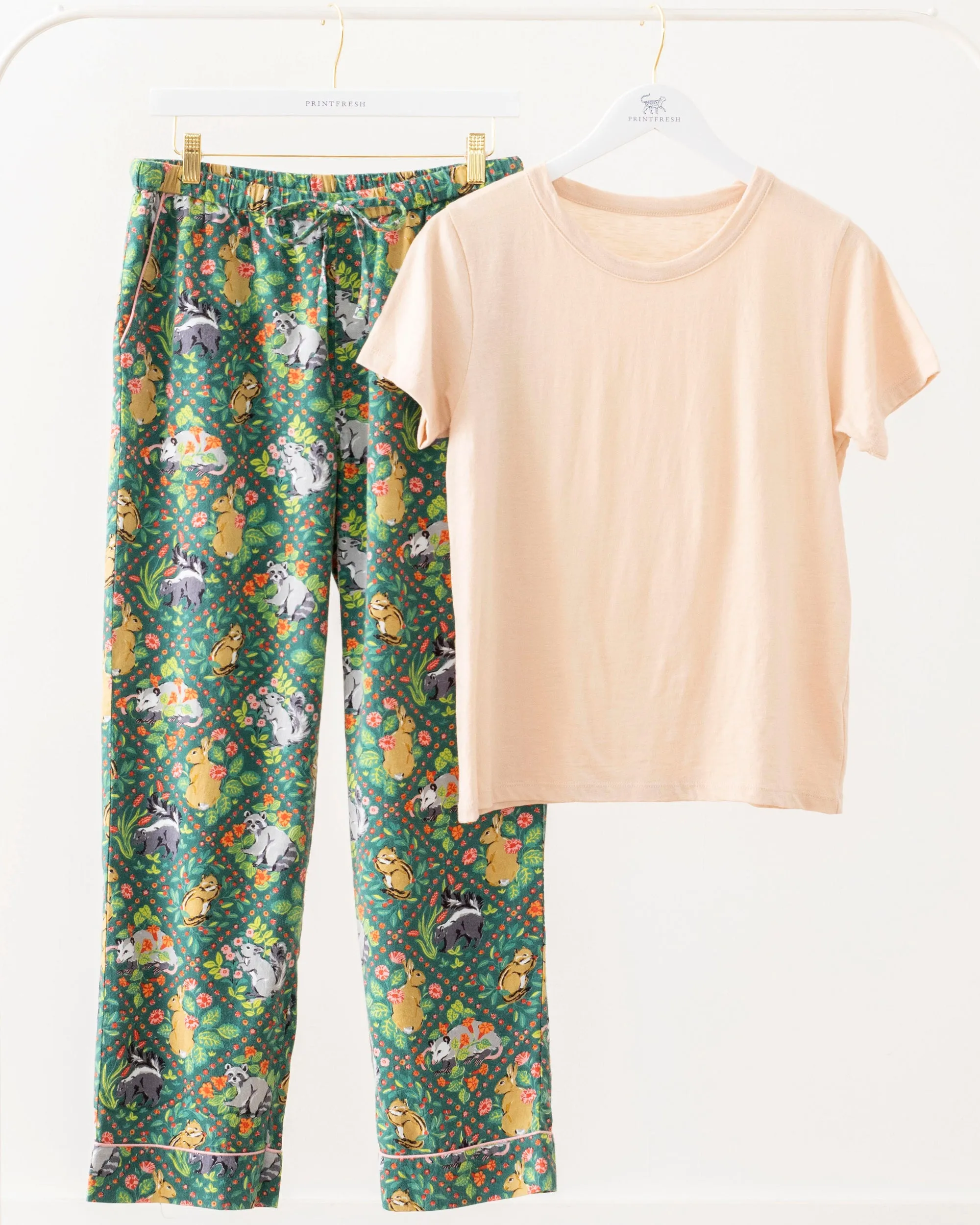 Woodland Critters - T-Shirt & Lightweight Flannel PJ Pants Set - Fern